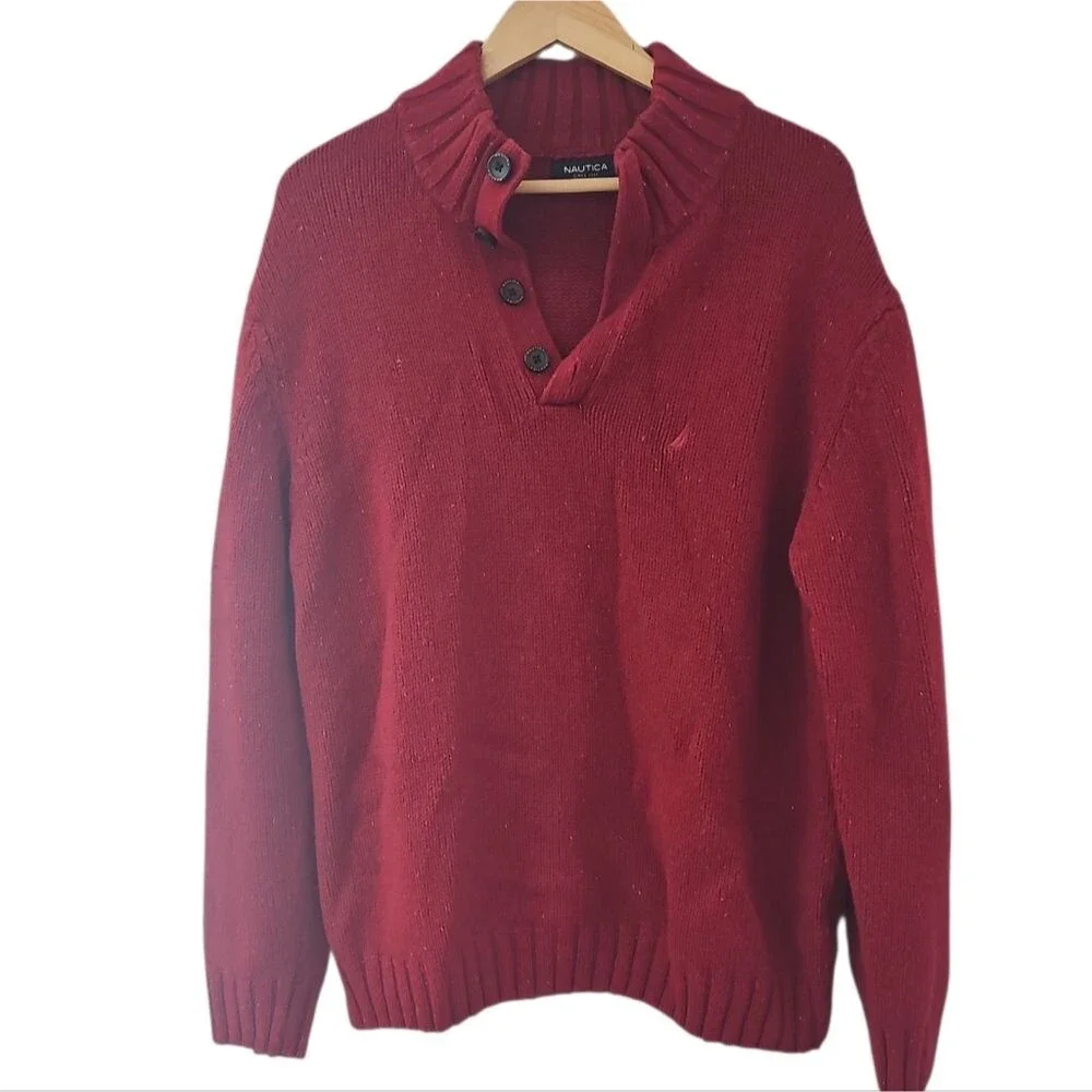 Nautica Red Wool Blend Sweater Men’s XXL Quarter Button Mock Neck Pullover Prep